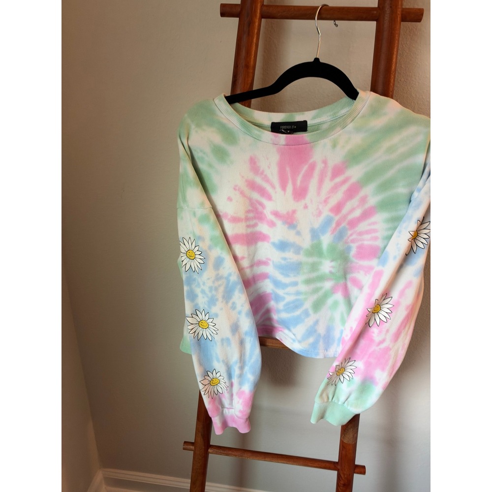 Forever 21+ Women 0X Pastel Tie Dye Daisy Cropped Sweatshirt Pullover